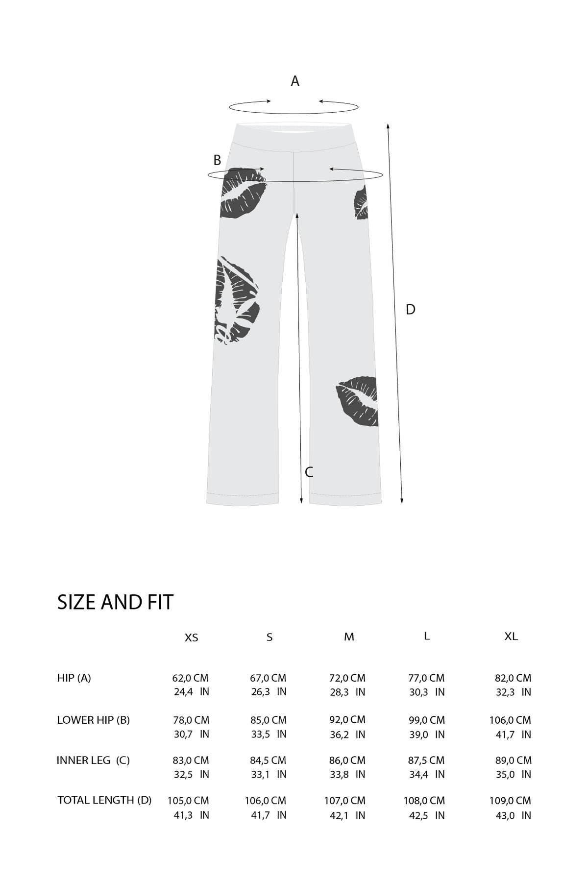 A size and fit chart showing a pair of light gray leggings with black leaf prints, with measurement lines labeled A, B, C, and D on a top view diagram, plus a size table from XS to XL with measurements in centimeters and inches.