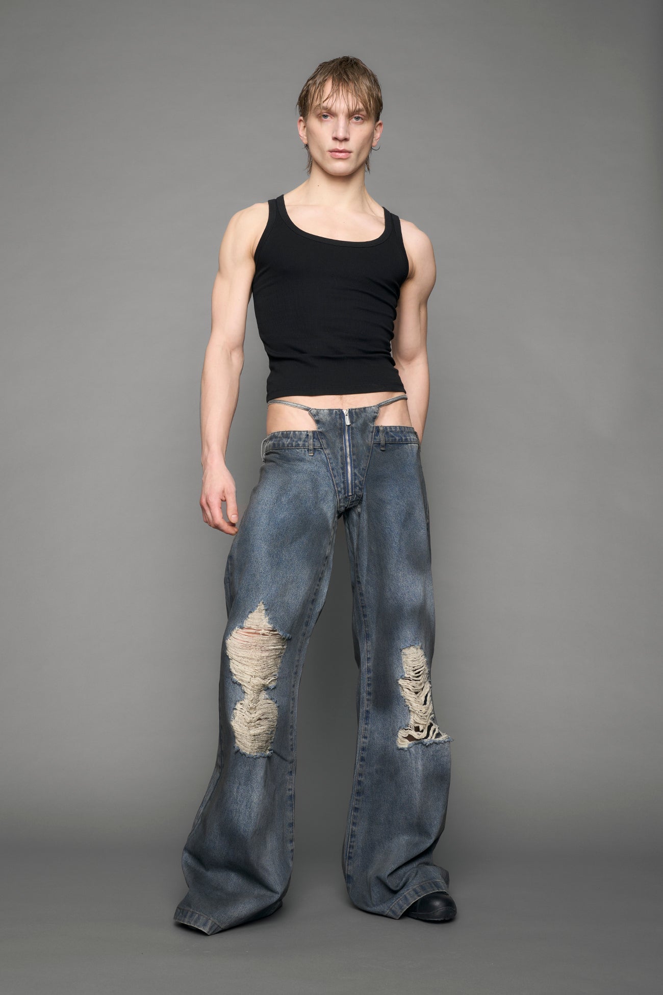blue smoke wash distressed denim pants 