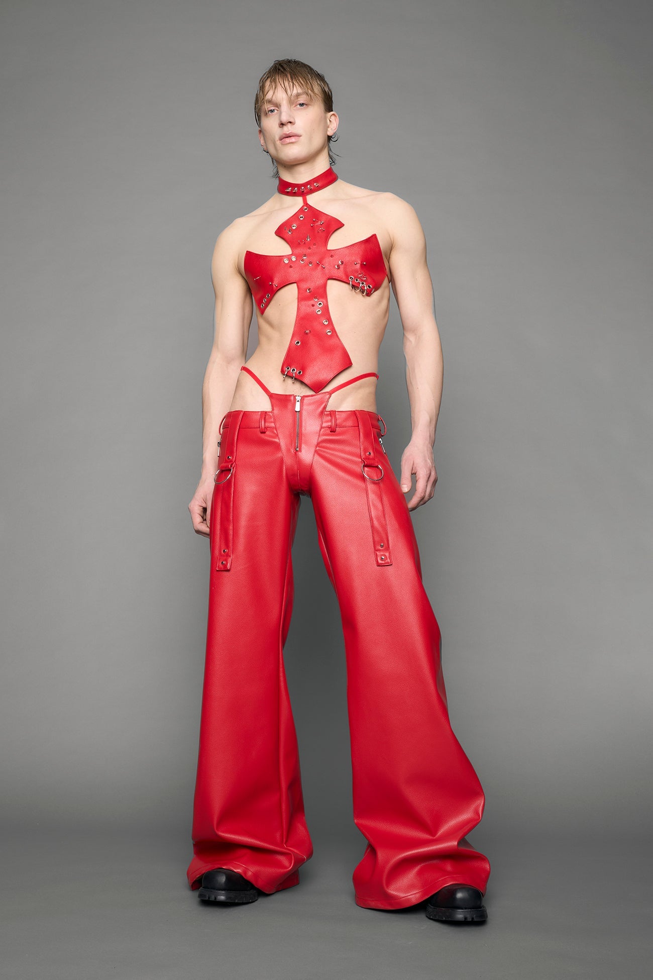 red vegan leather pants with panty