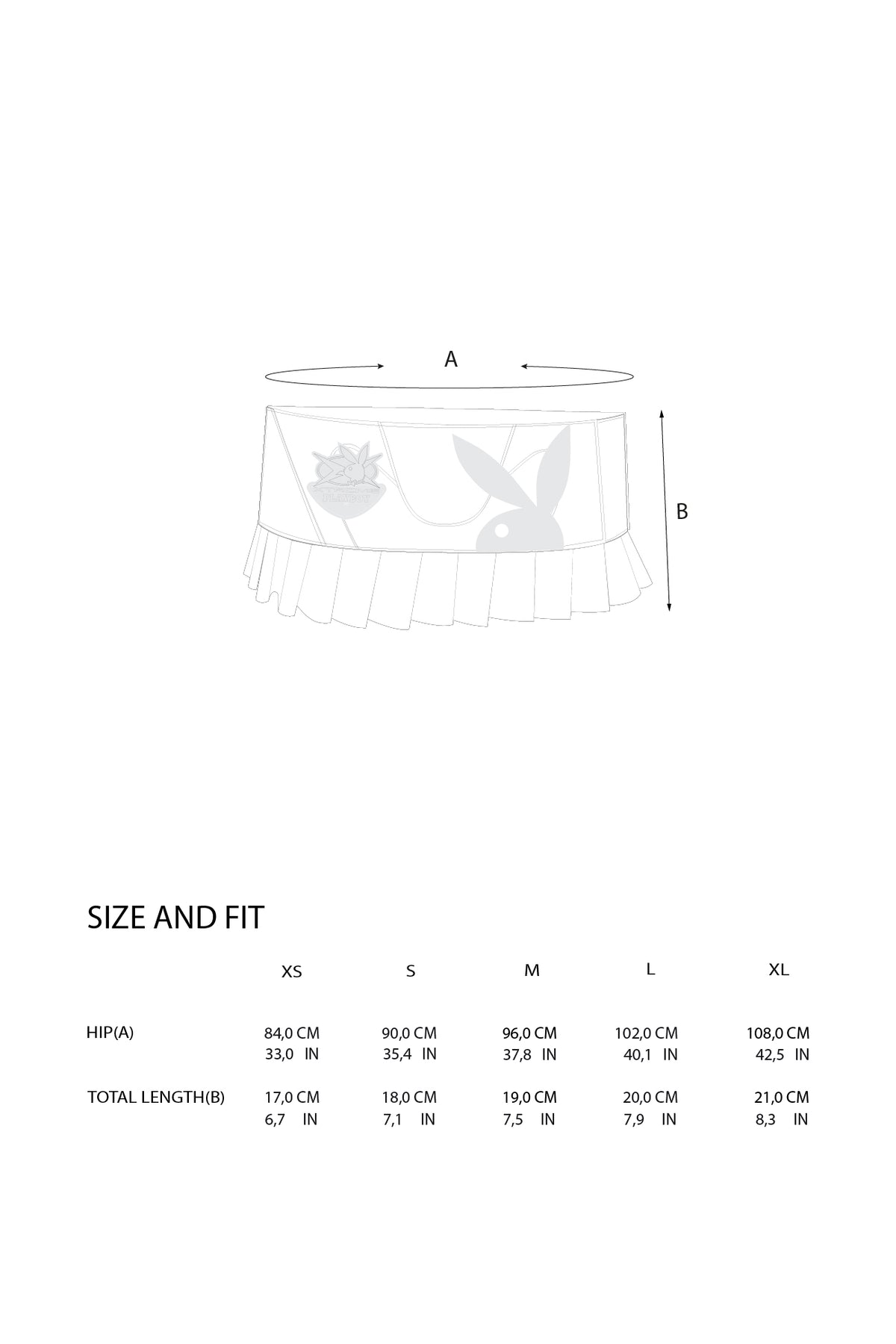 A sizing diagram for a round table skirt, showing a simple line drawing with dimension labels A and B, plus a size and fit table listing measurements forXS, S, M, L, and XL.