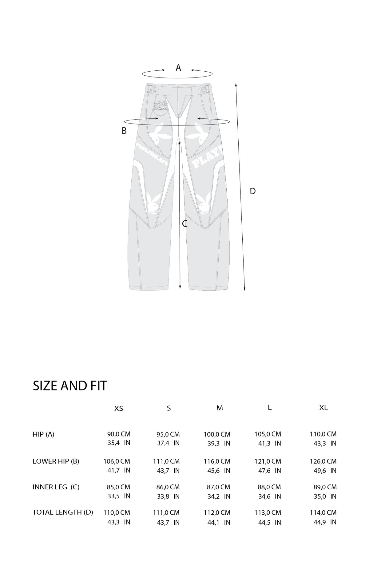 A sizing and fit diagram for white graphic pants, showing a side-view line drawing with dimension labels A, B, C, and D, plus a size table for XS, S, M, L, and XL.