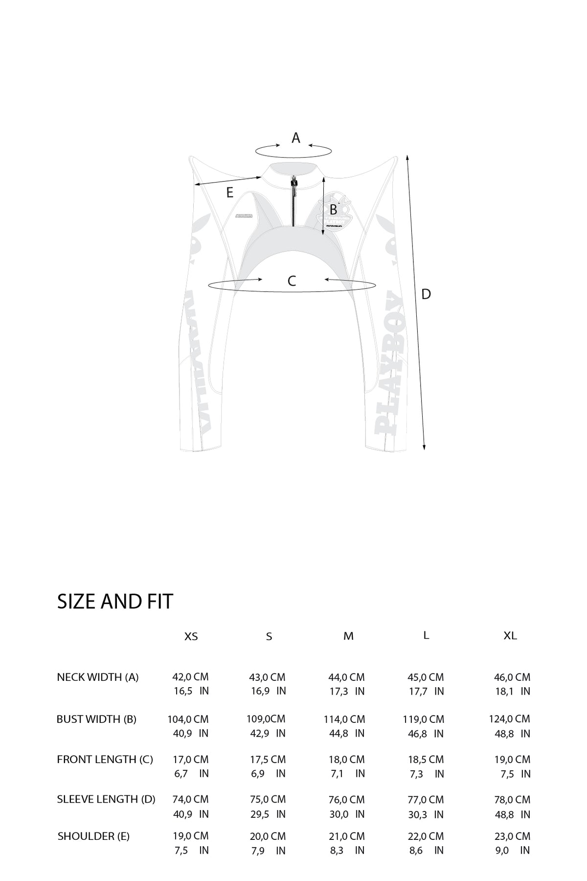 A size guide diagram for a women's bra, showing a labeled line drawing of a bra with measurement points A through D and a size table below listing measurements for XS, S, M, L, and XL.
