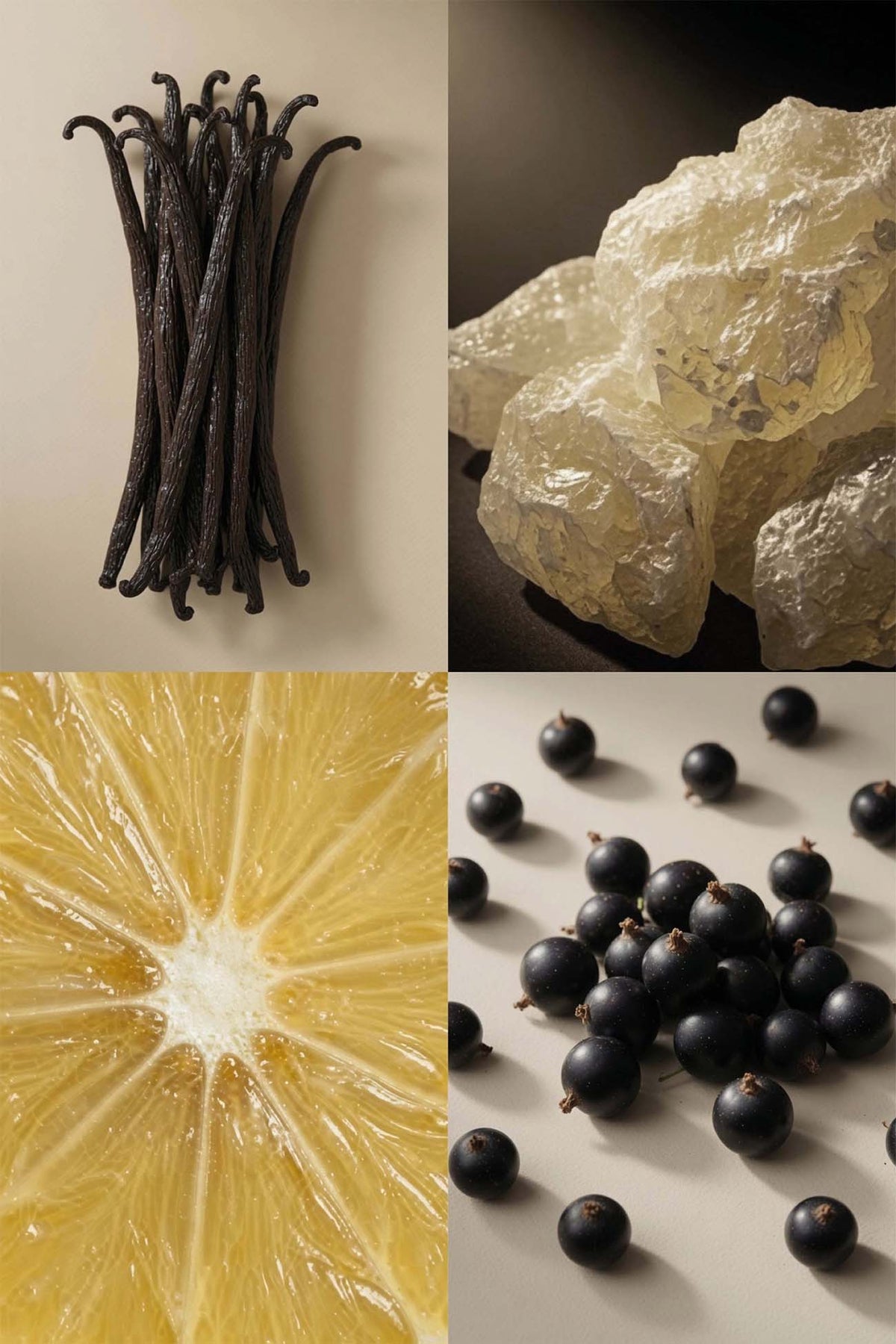 A four-panel collage showing natural ingredients: a bundle of dark vanilla pods on the top left, translucent wax-like wax crystals on the top right, a close-up of a yellow citrus cross-section on the bottom left, and a scattered pile of dark berries on the bottom right.